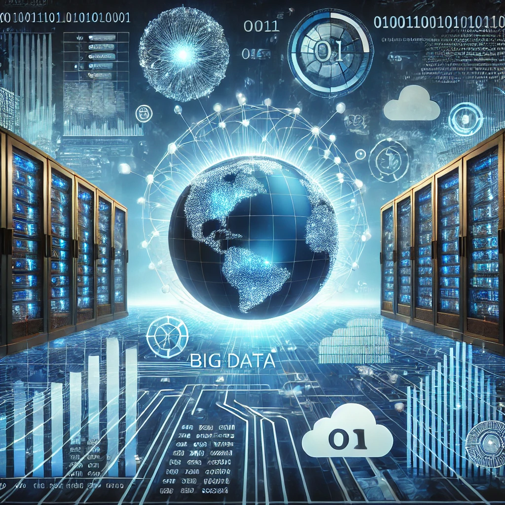 DALL·E 2025-03-06 12.29.46 - A futuristic digital landscape representing Big Data. The image features a glowing blue network of interconnected data points, flowing through high-te